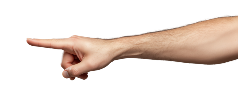 Hand Pointing Right: A strong male hand extends, index finger pointing decisively to the right, conveying direction, guidance, or a clear choice.