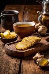composition of cup of ginger tea and roots on a neutral background