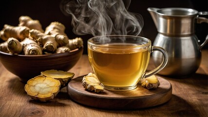 composition of cup of ginger tea and roots on a neutral background