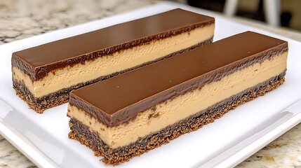 Rectangular Dessert Bars with Chocolate Ganache and Peanut Butter Filling on a White Plate