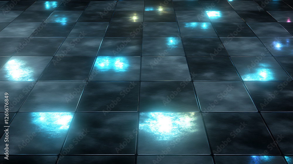 Poster reflective tiled floor shimmering with light and shadow optical illusion square design backdrop