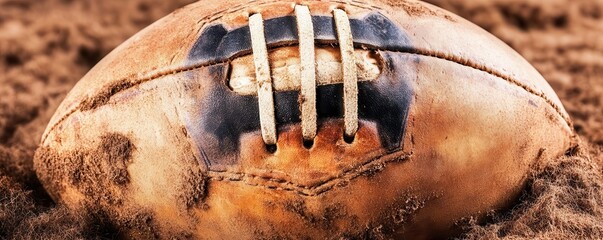 Worn rugby ball resting on sandy ground.