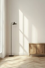 Sunlight streams into minimalist room, wooden cabinet, floor lamp. Interior design, home decor