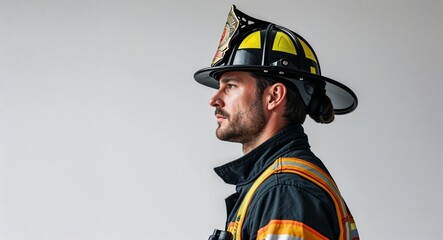 Firefighter man side view portrait on plain white background