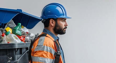 Fototapeta premium Garbage collector man side view portrait on plain white background