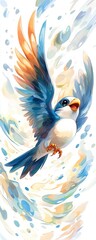 Fototapeta premium Vibrant flying bird illustration nature scene digital art colorful background whimsical viewpoint