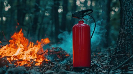 Obraz premium Red Fire Extinguisher Next to Flames in Dark Forest Setting