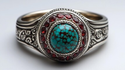 A silver ring with turquoise and garnet stones set in intricate patterns showcasing fine jewelry craftsmanship. Generative AI