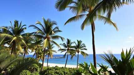 Fototapeta premium Tall palm trees swaying in the breeze on a sandy beach overlooking crystal blue waters, palm trees, scenic, vacation