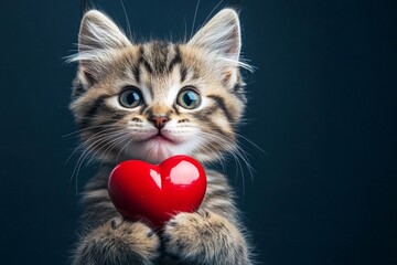Laperm - my preferred cat. Cute laperm feline infant with domestic animal toy red heart - emblem of love, funny greeting card. Marketing conceptual art. Romantic valentine poster.