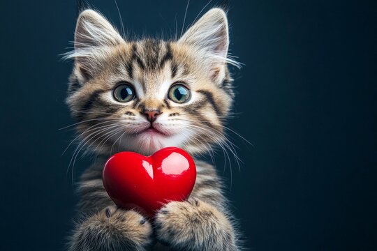 Laperm - my preferred cat. Cute laperm feline infant with domestic animal toy red heart - emblem of love, funny greeting card. Marketing conceptual art. Romantic valentine poster.