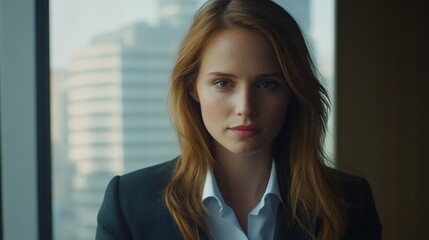 Confident young businesswoman in a modern office, exuding professionalism and focus.