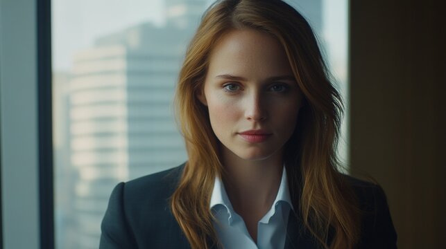 Confident young businesswoman in a modern office, exuding professionalism and focus.