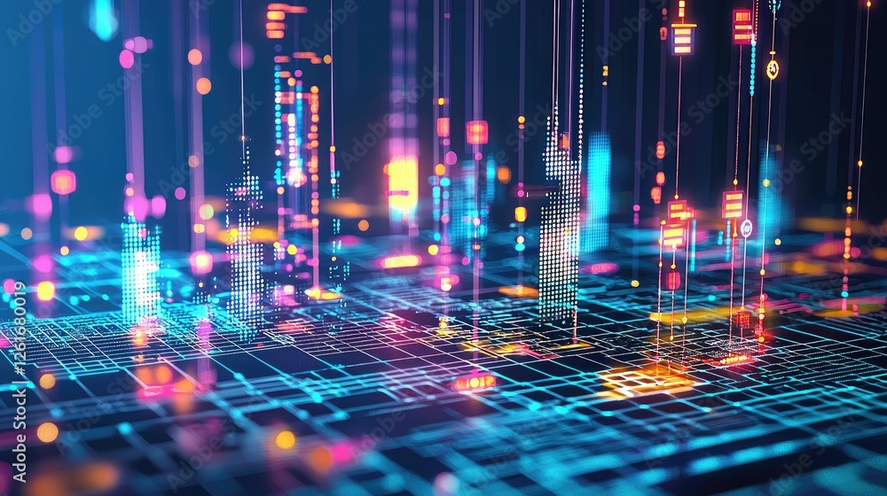 Poster abstract digital cityscape with neon lights and data streams