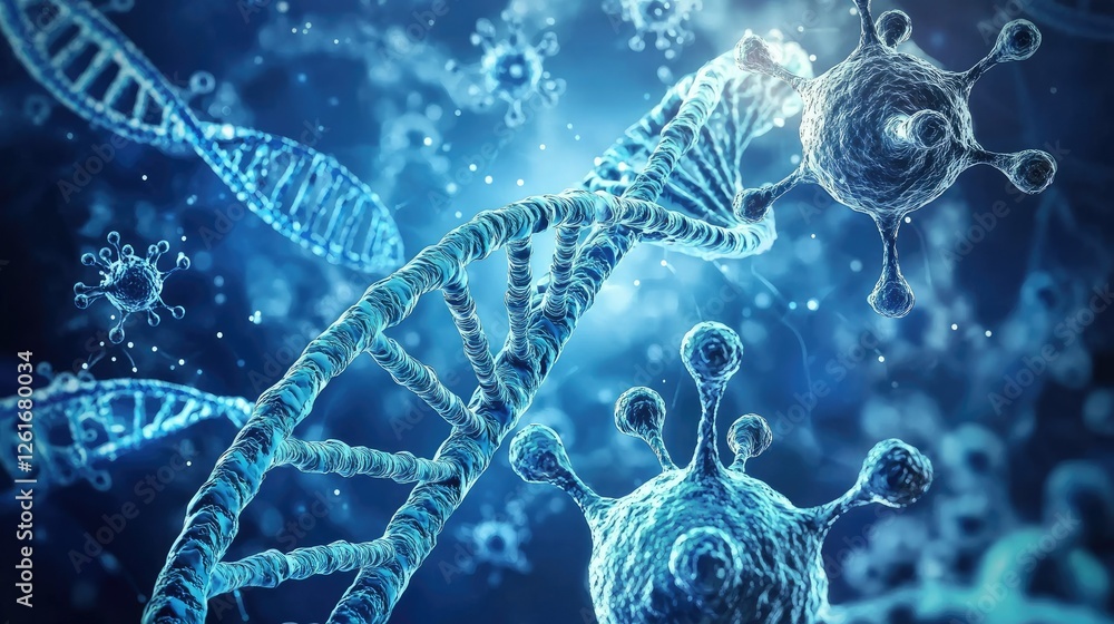 Poster detailed visualization of dna structure with microbes in background