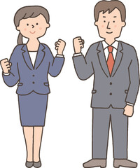 ガッツポーズをするスーツ姿の男女