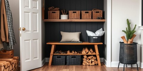 Wooden bench with a black basket of fir standing in the corner of a room, with firewood neatly laid underneath, organization, room, cozy