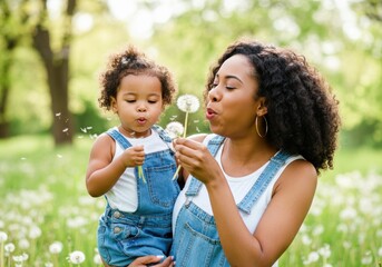 Obraz premium Mother and child blowing dandelions in field