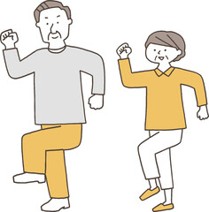 元気に歩くシニア夫婦単色