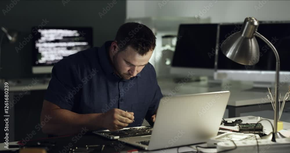 Aufkleber laptop, repair and stress, man in dark office with motherboard, tools and problem at it startup. com