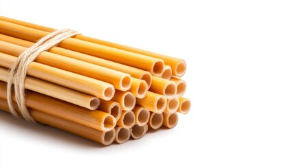 Bundle of Bamboo Straws Tied Together on White Background. Generative AI