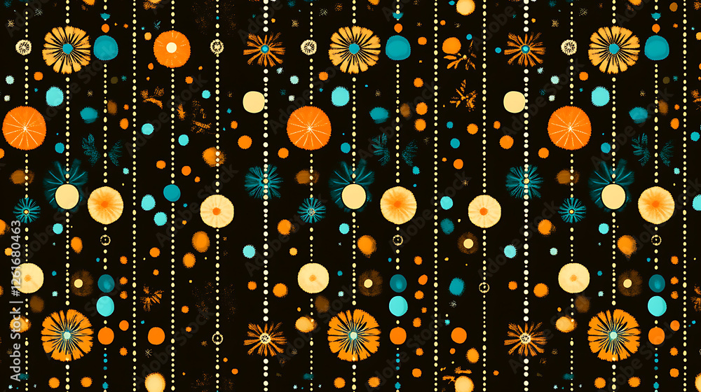 Poster retro floral pattern with dotted strings and floating circles design on dark brown background textur