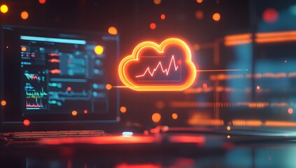 Cloud computing graphic on laptop in server room