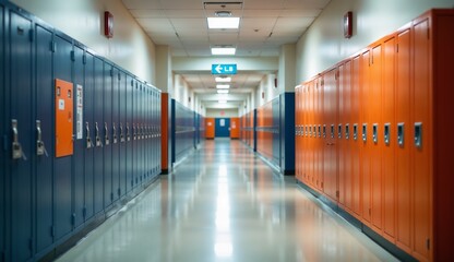 Colorful lockers lining a school hallway with polished floors and directional signs