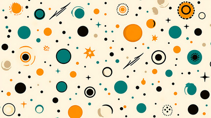 Retro Style Space Themed Pattern Design Featuring Celestial Elements And Spherical Forms On Beige Backdrop