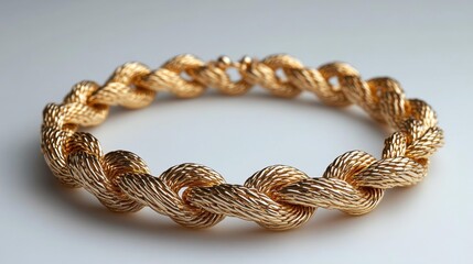 Golden twisted rope bracelet with detailed texture on a smooth surface. Generative AI