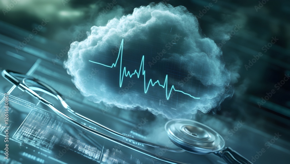 Aufkleber cloud computing in healthcare; stethoscope over digital medical data