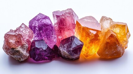 Fototapeta premium Collection of colorful crystals in purple pink and orange hues. Generative AI