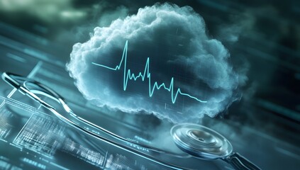 Cloud computing in healthcare; stethoscope over digital medical data