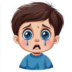 Child in Cartoon Style with Big Teary Eyes and Crying Expression