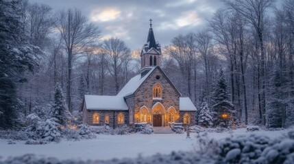 Snow-Covered Church in a Serene Winter Landscape. Generative AI