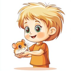 Happy Child Holding a Small Hamster in Their Hand Cartoon Style