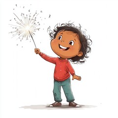 Child Holding Sparkler in Cartoon Style, Celebrating New Year Festivities