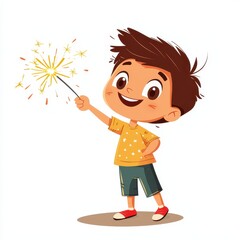Happy Child Celebrating New Year with Sparkler in Cartoon Style