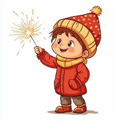 Child Celebrating New Year with Sparkler in Festive Cartoon Style