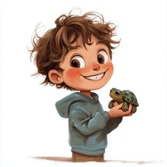 Child Smiling While Holding a Tiny Turtle in a Charming Cartoon Style