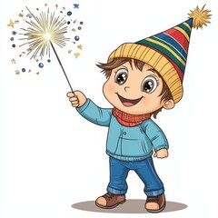 Cheerful Child Celebrating New Year with Sparkler in Cartoon Style