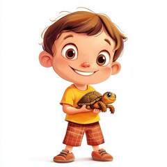 Happy Child Holding Tiny Turtle in Cartoon Style Illustration