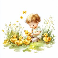 Child in Cartoon Style Playing with Baby Ducks in a Field