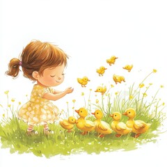 Child Playing in Field with Baby Ducks in Bright Cartoon Style