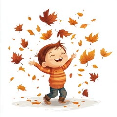 Joyful Child Playing with Autumn Leaves in a Cartoon Style