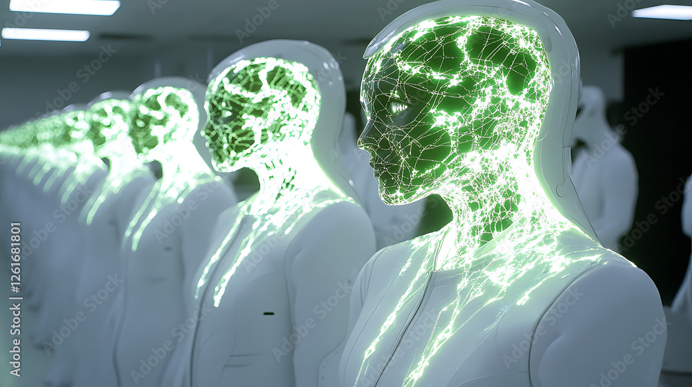 Aufkleber row of futuristic humanoid figures with glowing network pattern resembling brain activity