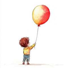 Child Tying Balloon to Wrist in Colorful Cartoon Style Illustration