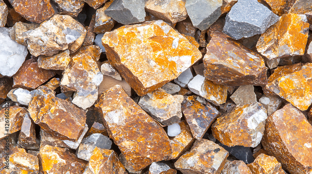 Poster rugged pile of orange and gray rocks and stones featuring angular shapes and sharp edges