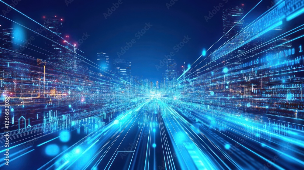 Poster futuristic digital city landscape with glowing data streams and connected networks