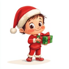 Cute Cartoon Child in Santa Hat Holding a Gift Box with Joy